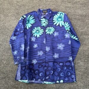 Zoey & Beth Floral Abstract Button Down Shirt Large Blue Rayon Long Sleeve